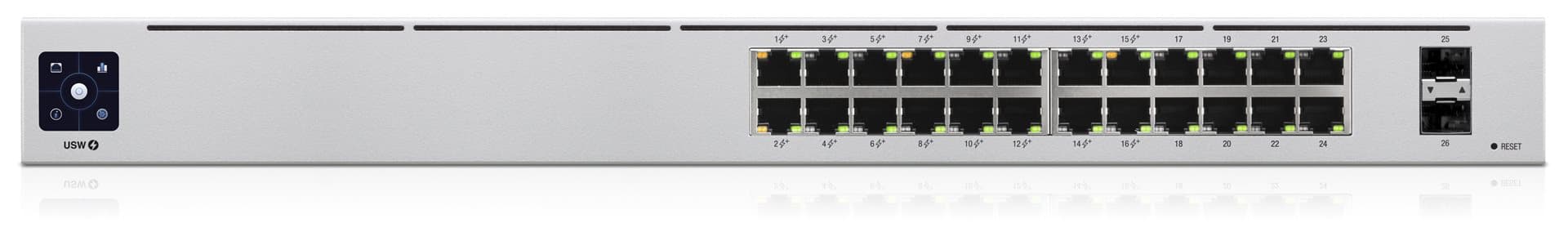 Switch UniFi 24xRJ45 GBit/2xSFP Managed 16xPoE 95W Gen2 19" Rack-Mountable, Fanless, 1,3" Touchscreen, aanzicht 1 van 1